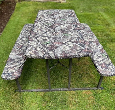 TRUETIMBER® Camo Picnic Table Cover and Bench Covers (set) with Elastic Fit is heavy-duty and fits on a 6 ft picnic or folding table (30”x 72”)
